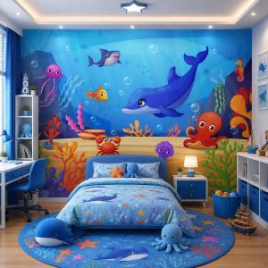 Tranh dán tường phòng trẻ em đại dương cá heo hoạt hình st2641737399