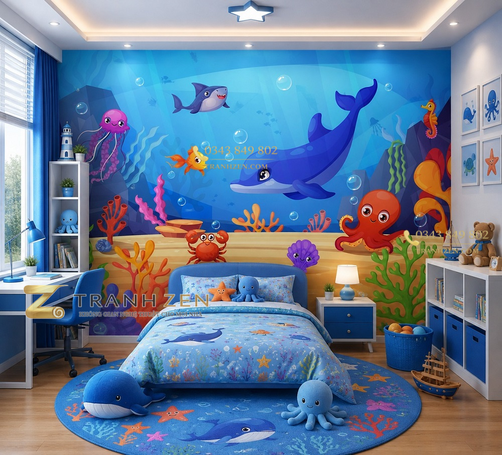 Tranh dán tường phòng trẻ em đại dương cá heo hoạt hình st2641737399