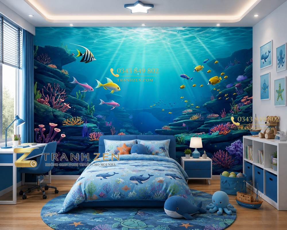 Tranh dán tường phòng trẻ em đại dương cá nhiệt đới 3d st2551709721