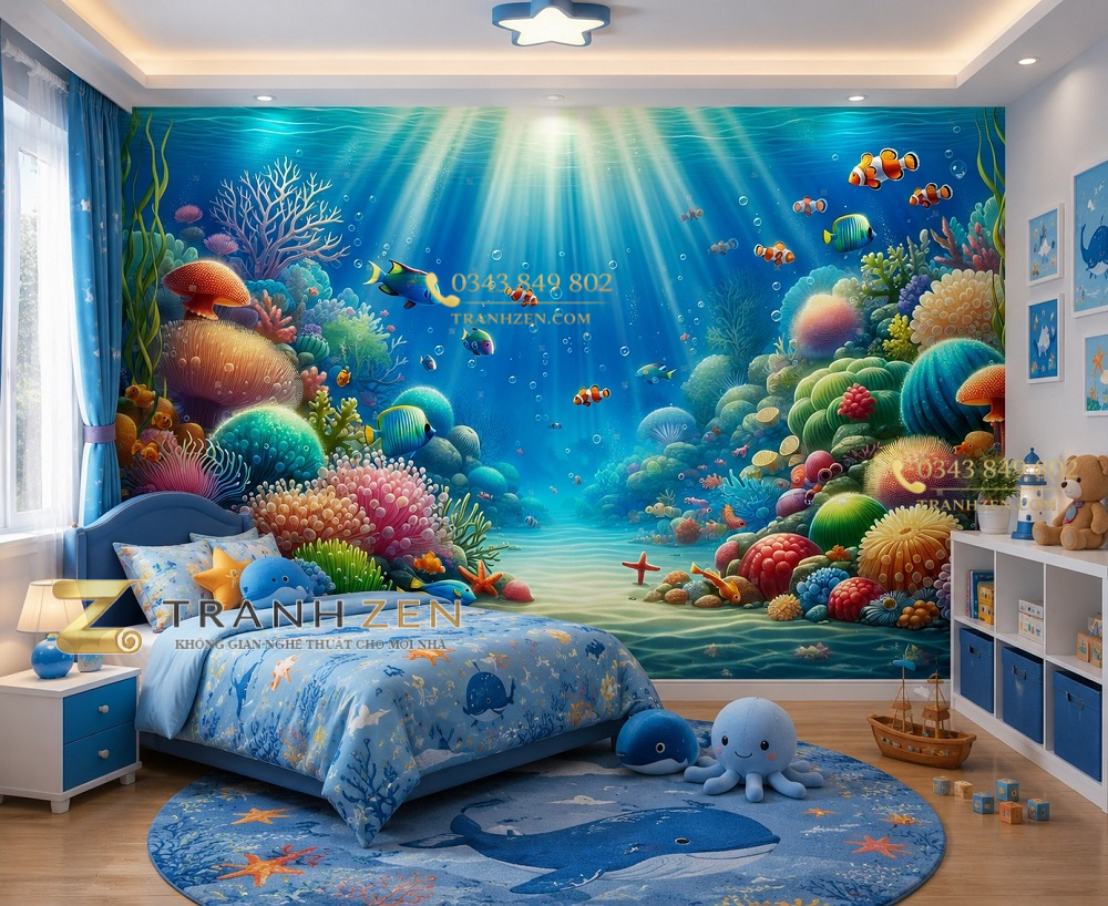 Tranh dán tường phòng trẻ em đại dương san hô cá nhiệt đới 3d st2503000875