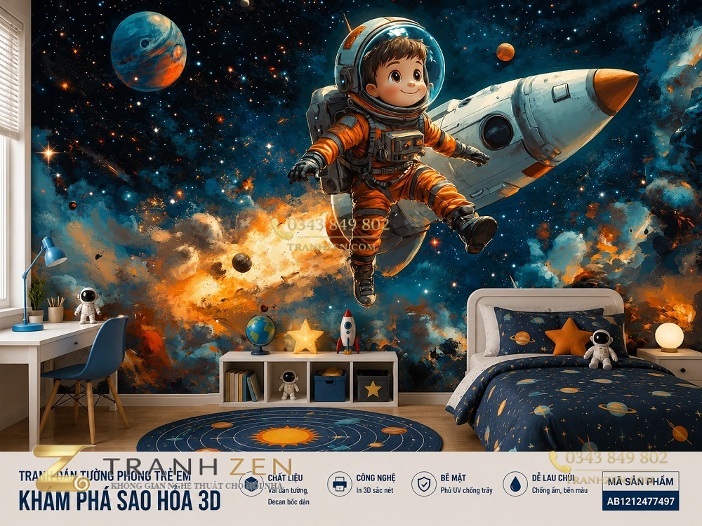 Tranh dán tường phòng trẻ em khám phá vũ trụ 3d - ab1212477497