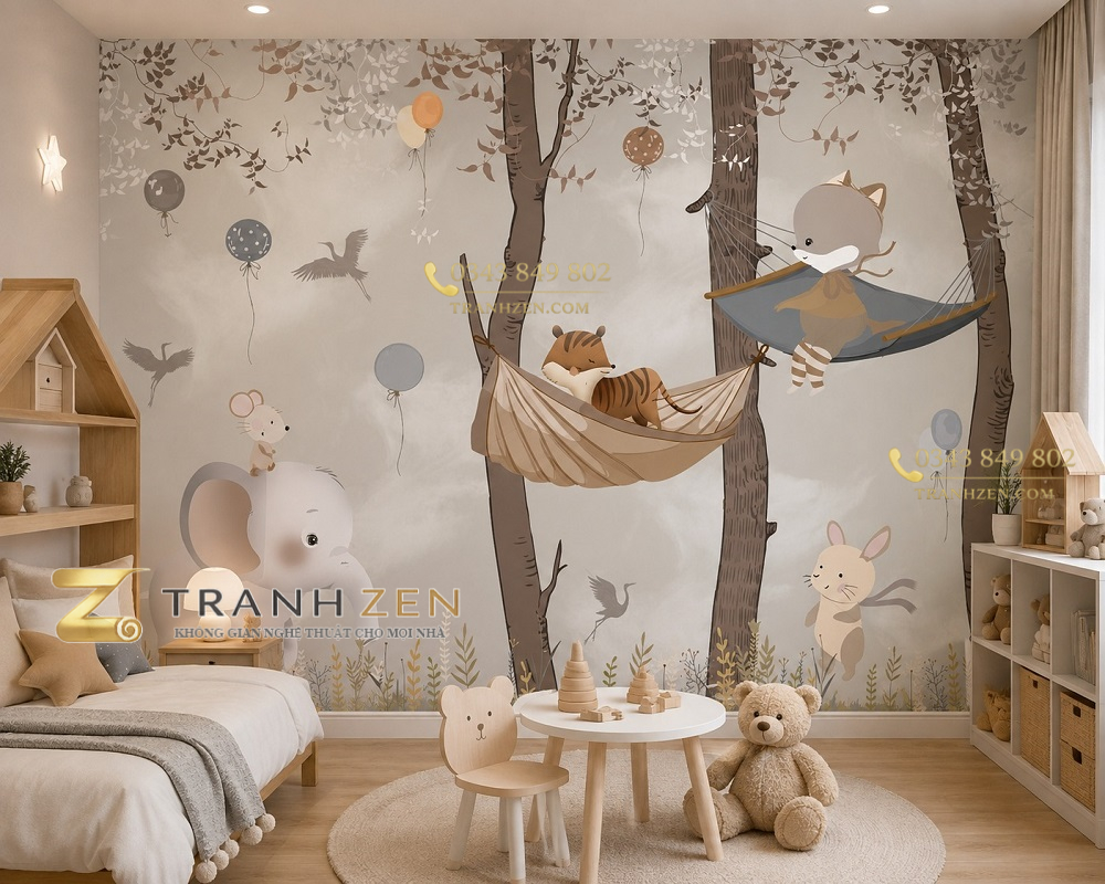 Tranh dán tường phòng trẻ em khu rừng động vật dễ thương st2569738131