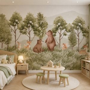 Tranh dán tường phòng trẻ em khu rừng động vật gấu cáo hươu st2695995691