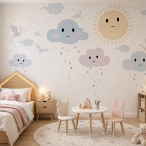Tranh dán tường phòng trẻ em mây mặt cười và mặt trời pastel st2565725117