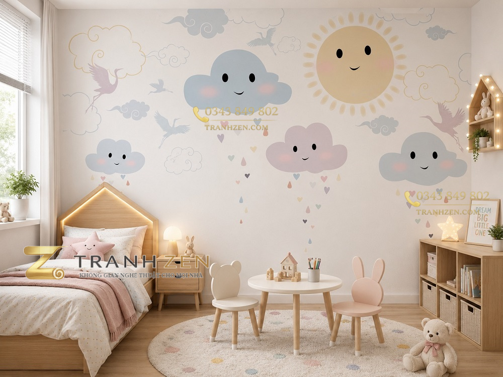 Tranh dán tường phòng trẻ em mây mặt cười và mặt trời pastel st2565725117