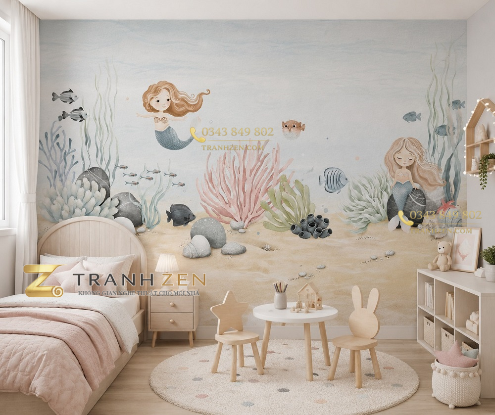 Tranh dán tường phòng trẻ em nàng tiên cá đại dương cổ tích st2639811001