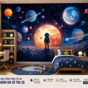 Tranh dán tường phòng trẻ em phi hành gia vũ trụ 3d ab732777892