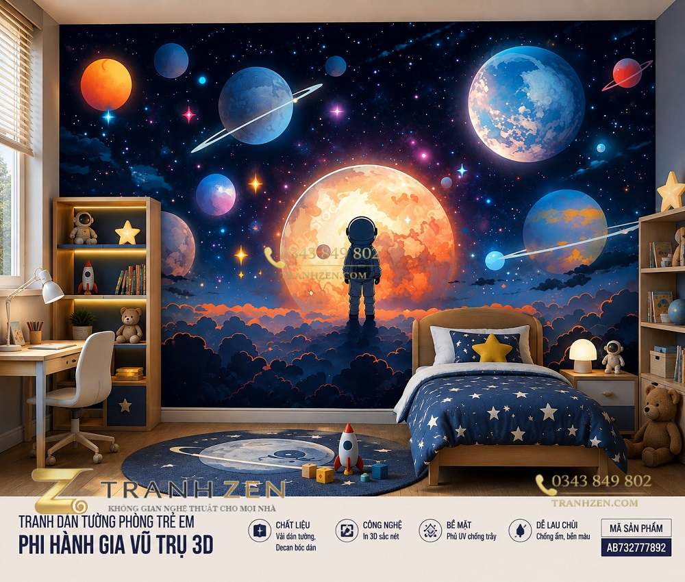 Tranh dán tường phòng trẻ em phi hành gia vũ trụ 3d ab732777892