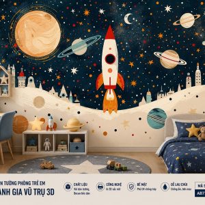 Tranh dán tường phòng trẻ em phi hành gia vũ trụ 3d - ab772344181