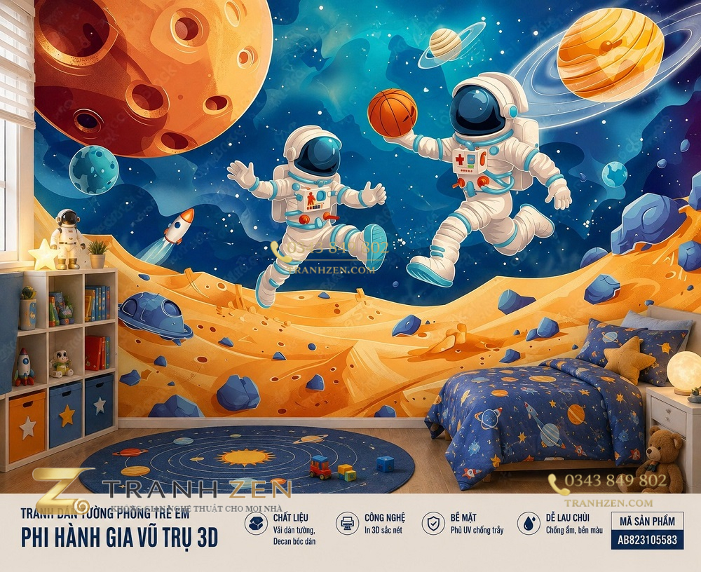 Tranh dán tường phòng trẻ em phi hành gia vũ trụ 3d ab823105583