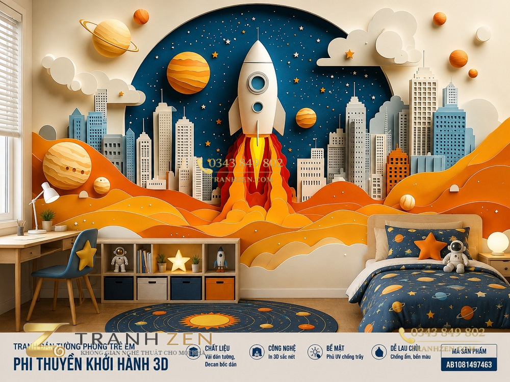 Tranh dán tường phòng trẻ em phi thuyền khởi hành 3d - ab1081497463