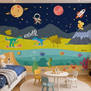 Tranh dán tường phòng trẻ em phiêu lưu vũ trụ, khủng long và đại dương st2579164607