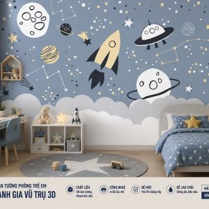 Tranh dán tường phòng trẻ em vũ trụ phi hành gia 3d ab618790641