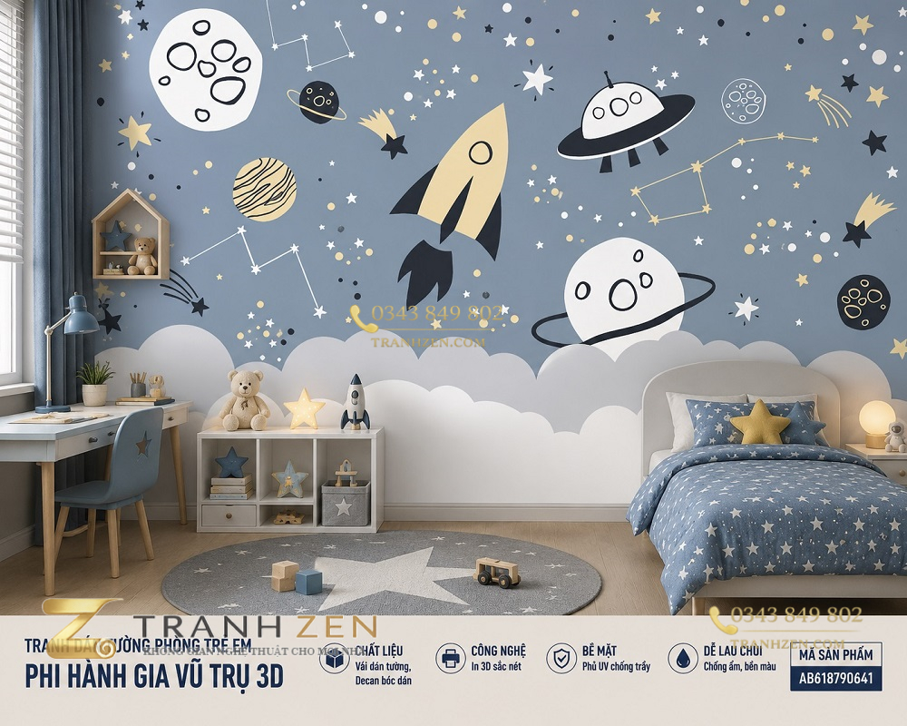 Tranh dán tường phòng trẻ em vũ trụ phi hành gia 3d ab618790641