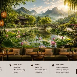 Tranh dán tường quán cafe á đông sen hồ nước non bộ cầu đá 3d cf18820265