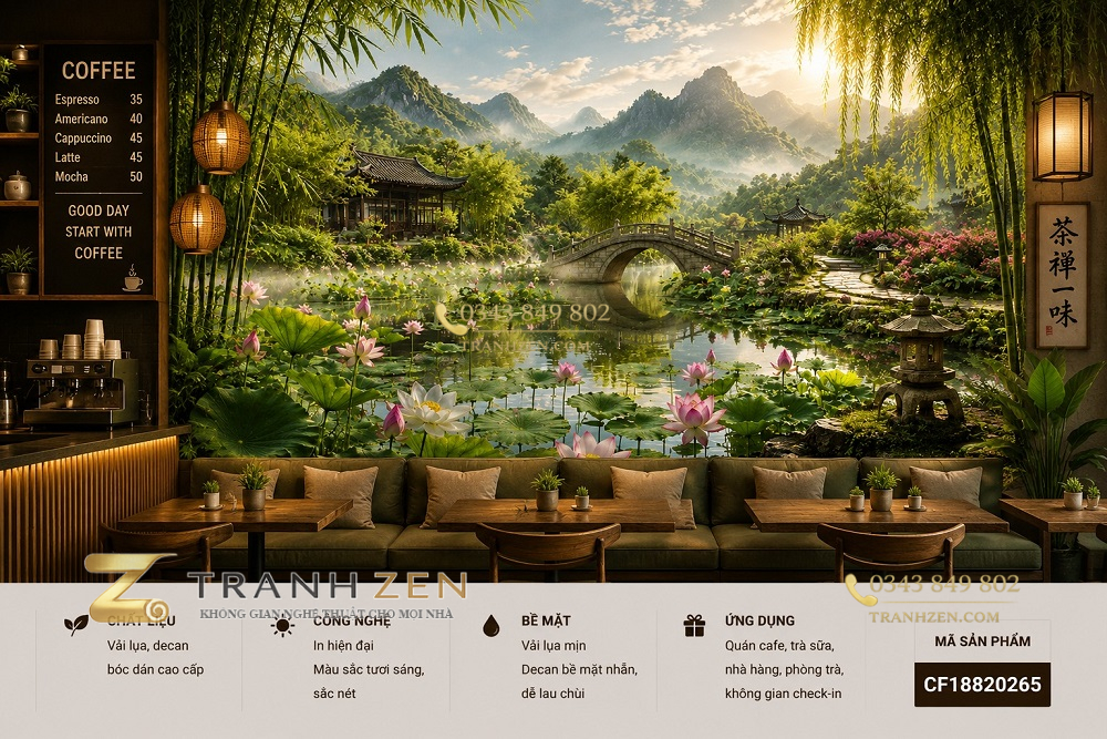 Tranh dán tường quán cafe á đông sen hồ nước non bộ cầu đá 3d cf18820265