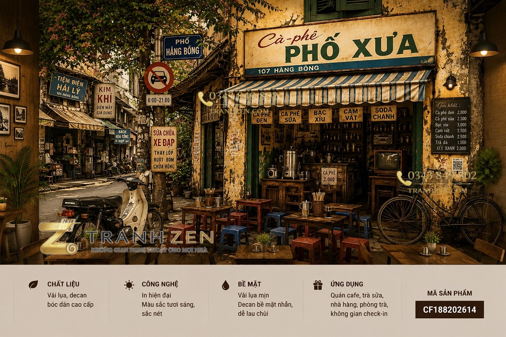 Tranh dán tường quán cafe cổ phố xưa hà nội vintage hoài niệm 3d - cf188202614