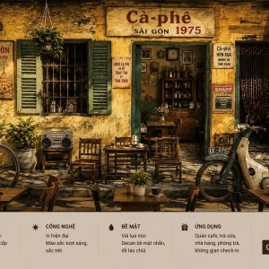 Tranh dán tường quán cafe cổ sài gòn vintage hoài niệm 1975 3d - cf188202613