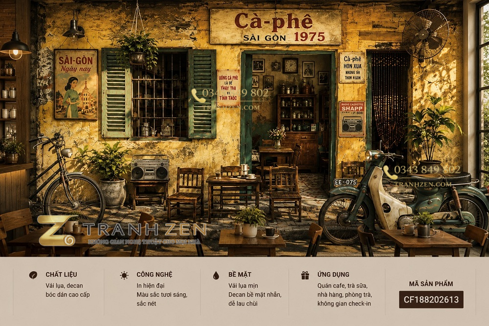 Tranh dán tường quán cafe cổ sài gòn vintage hoài niệm 1975 3d - cf188202613