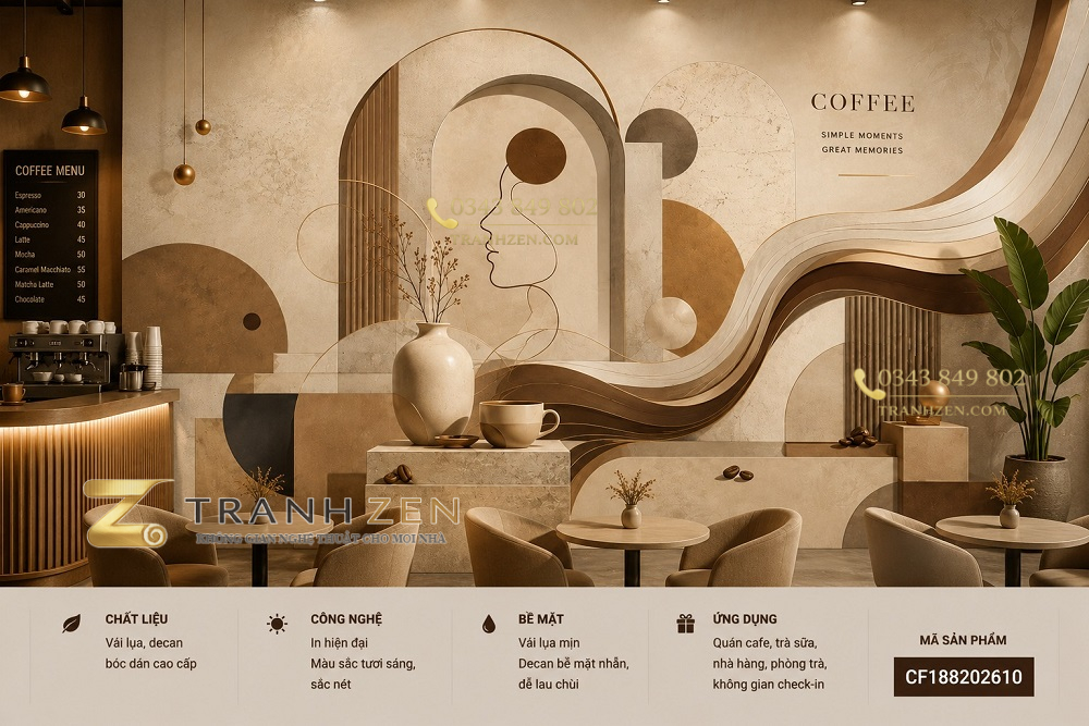 Tranh dán tường quán cafe hiện đại abstract geometric tông be nâu 3d - cf188202610