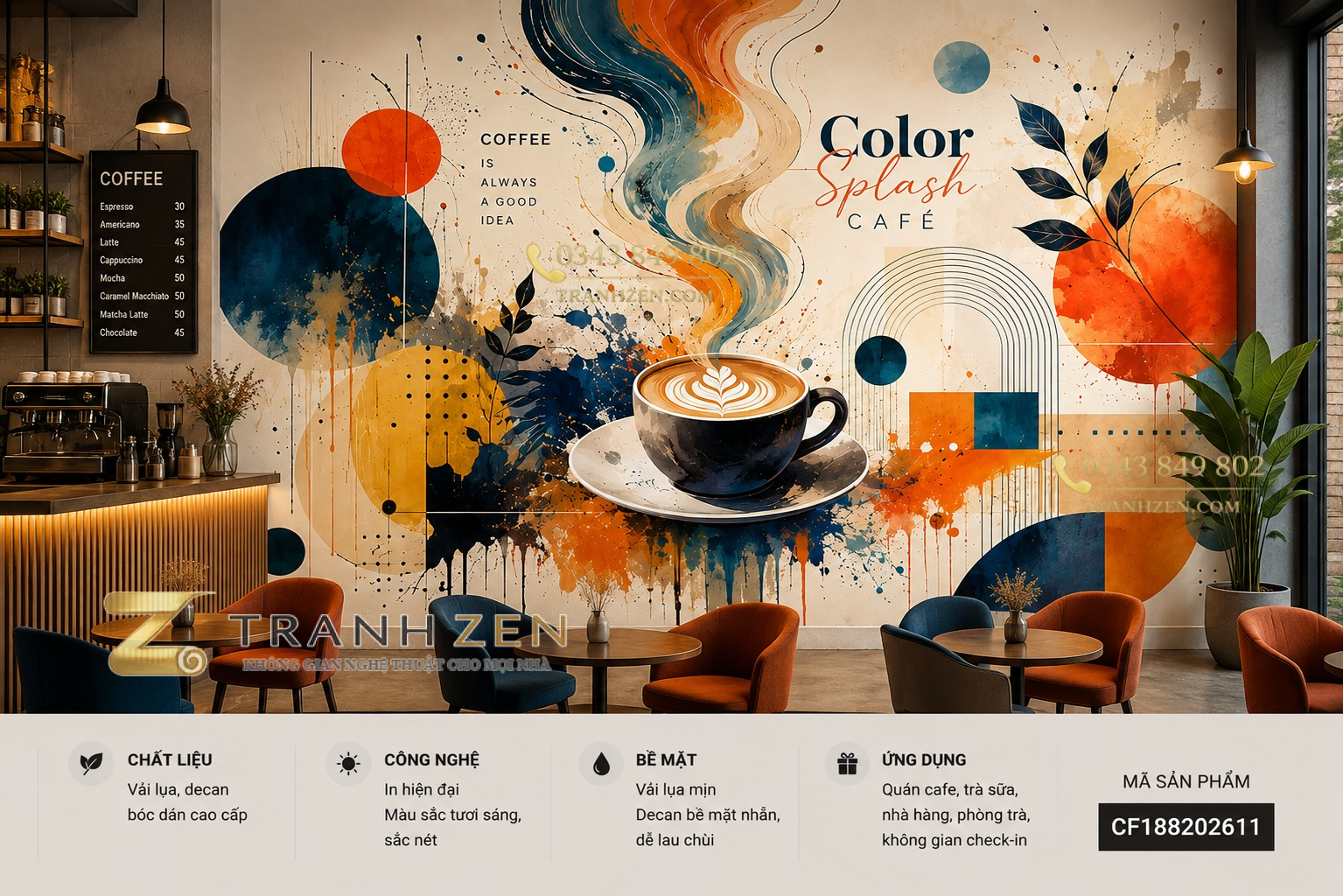 Tranh dán tường quán cafe hiện đại color splash nghệ thuật 3d - cf188202611