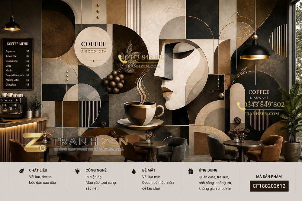 Tranh dán tường quán cafe hiện đại hình học nghệ thuật tông nâu đen gold 3d - cf188202612