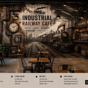 Tranh dán tường quán cafe hiện đại industrial railway cafe ga tàu vintage 3d - cf188202619