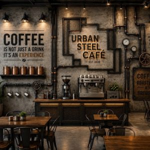 Tranh dán tường quán cafe hiện đại industrial urban steel cafe 3d - cf188202618