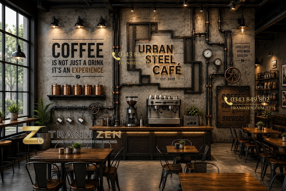 Tranh dán tường quán cafe hiện đại industrial urban steel cafe 3d - cf188202618