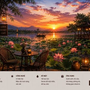 Tranh dán tường quán cafe hoa sen hồ nước hoàng hôn phong cảnh á đông 3d cf18820267