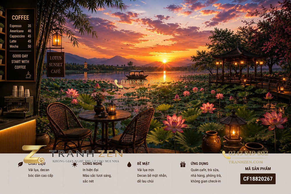 Tranh dán tường quán cafe hoa sen hồ nước hoàng hôn phong cảnh á đông 3d cf18820267