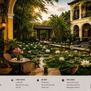Tranh dán tường quán cafe indochine hồ sen sân vườn á đông 3d cf18820266