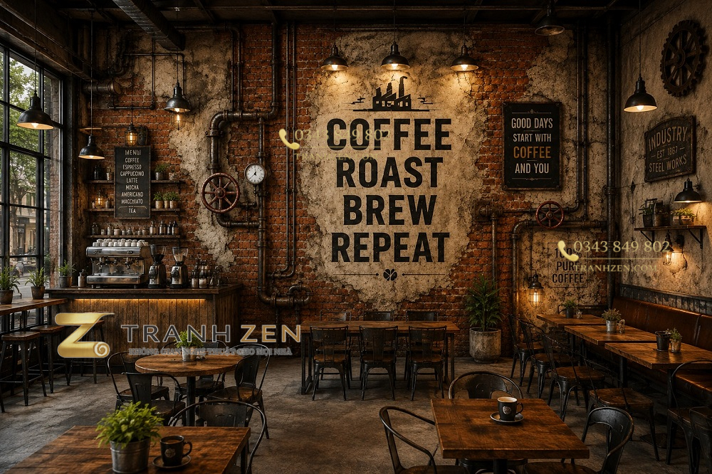 Tranh dán tường quán cafe industrial gạch đỏ ống kim loại vintage 3d - cf188202617