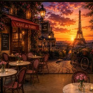 Tranh dán tường quán cafe pháp paris hoàng hôn tháp eiffel lãng mạn 3d - cf188202621