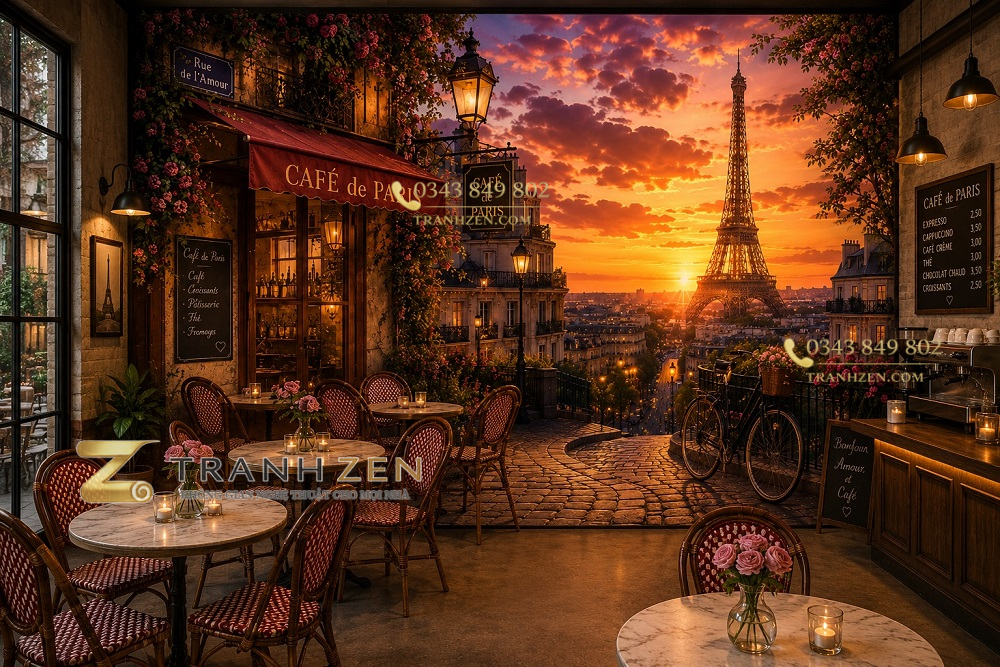 Tranh dán tường quán cafe pháp paris hoàng hôn tháp eiffel lãng mạn 3d - cf188202621