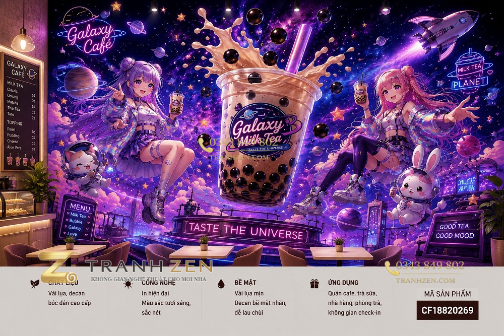 Tranh dán tường quán cafe trà sữa trẻ galaxy vũ trụ anime 3d - cf18820269