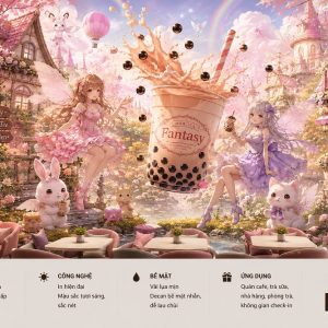 Tranh dán tường quán trà sữa fantasy anime cổ tích màu hồng 3d cf18820268