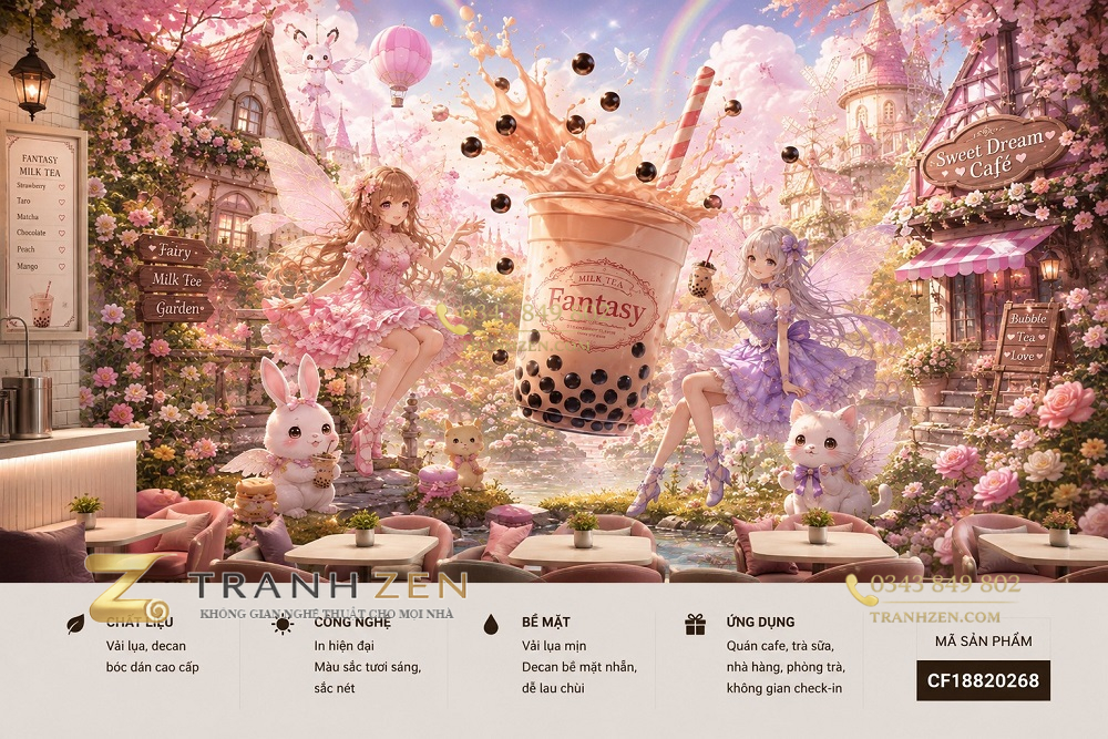 Tranh dán tường quán trà sữa fantasy anime cổ tích màu hồng 3d cf18820268