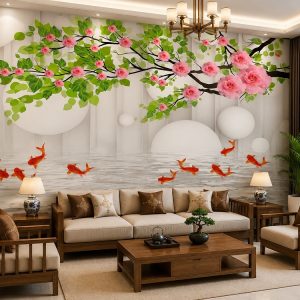Tranh hoa hồng hồng cá koi phú quý dán tường phòng khách 54138