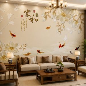 Tranh hoa mộc lan cá koi gia hòa phú quý dán tường phòng khách 54061