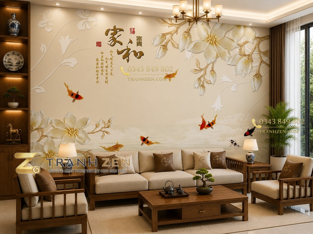 Tranh hoa mộc lan cá koi gia hòa phú quý dán tường phòng khách 54061