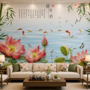 Tranh hoa sen cá koi trúc xanh dán tường phòng khách 51799