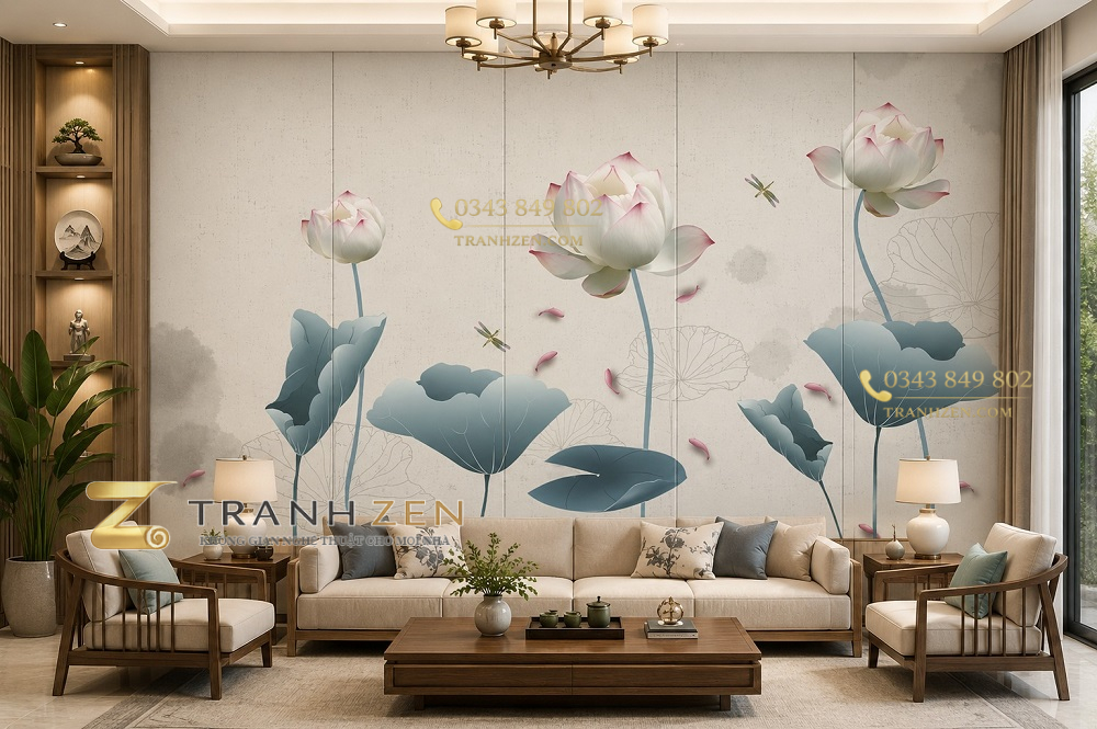 Tranh hoa sen nghệ thuật dán tường phòng khách 51791