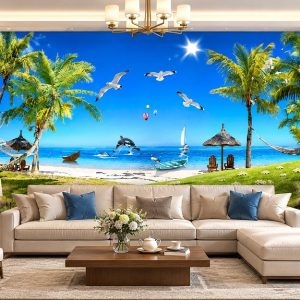 Tranh phong cảnh biển dán tường 3d phòng khách nghỉ dưỡng nhiệt đới 30355