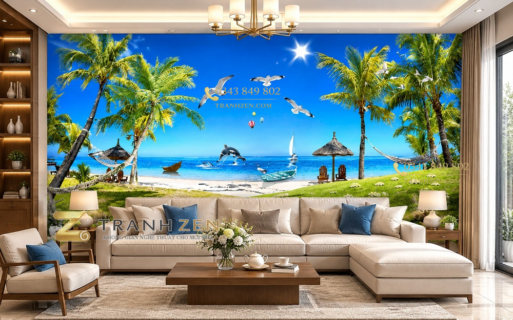 Tranh phong cảnh biển dán tường 3d phòng khách nghỉ dưỡng nhiệt đới 30355