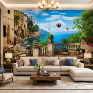 Tranh phong cảnh biển dán tường phòng khách 3d địa trung hải 30350