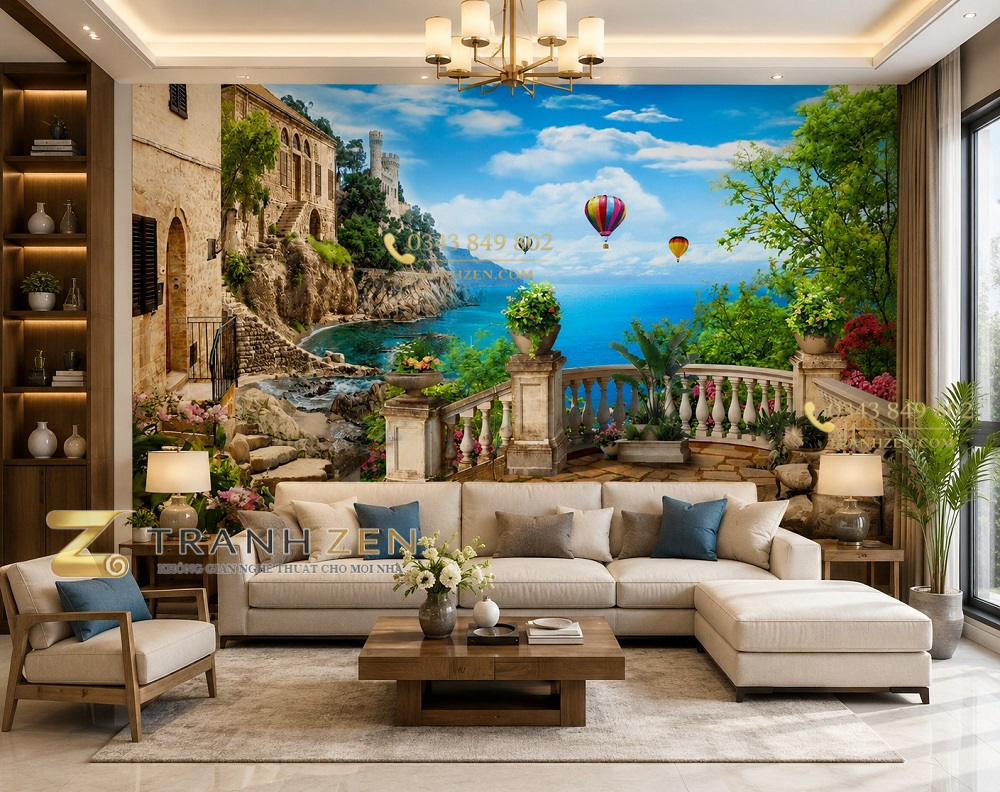 Tranh phong cảnh biển dán tường phòng khách 3d địa trung hải 30350