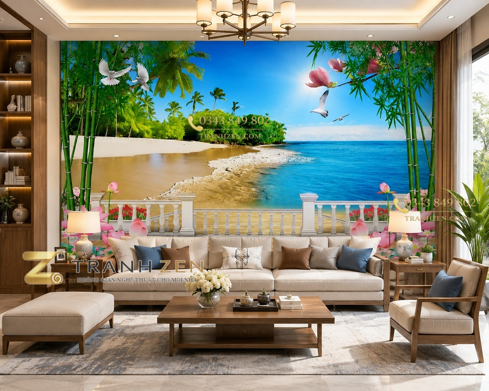 Tranh phong cảnh biển dán tường phòng khách 3d nhiệt đới 30346