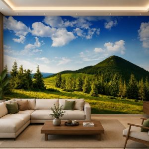 Tranh phong cảnh đồi núi dán tường phòng khách đồi xanh rừng thông đồng cỏ thiên nhiên 00349
