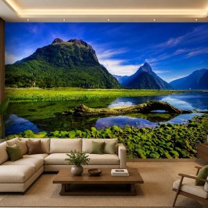 Tranh phong cảnh đồi núi dán tường phòng khách hồ núi xanh phản chiếu thiên nhiên hùng vĩ 00373